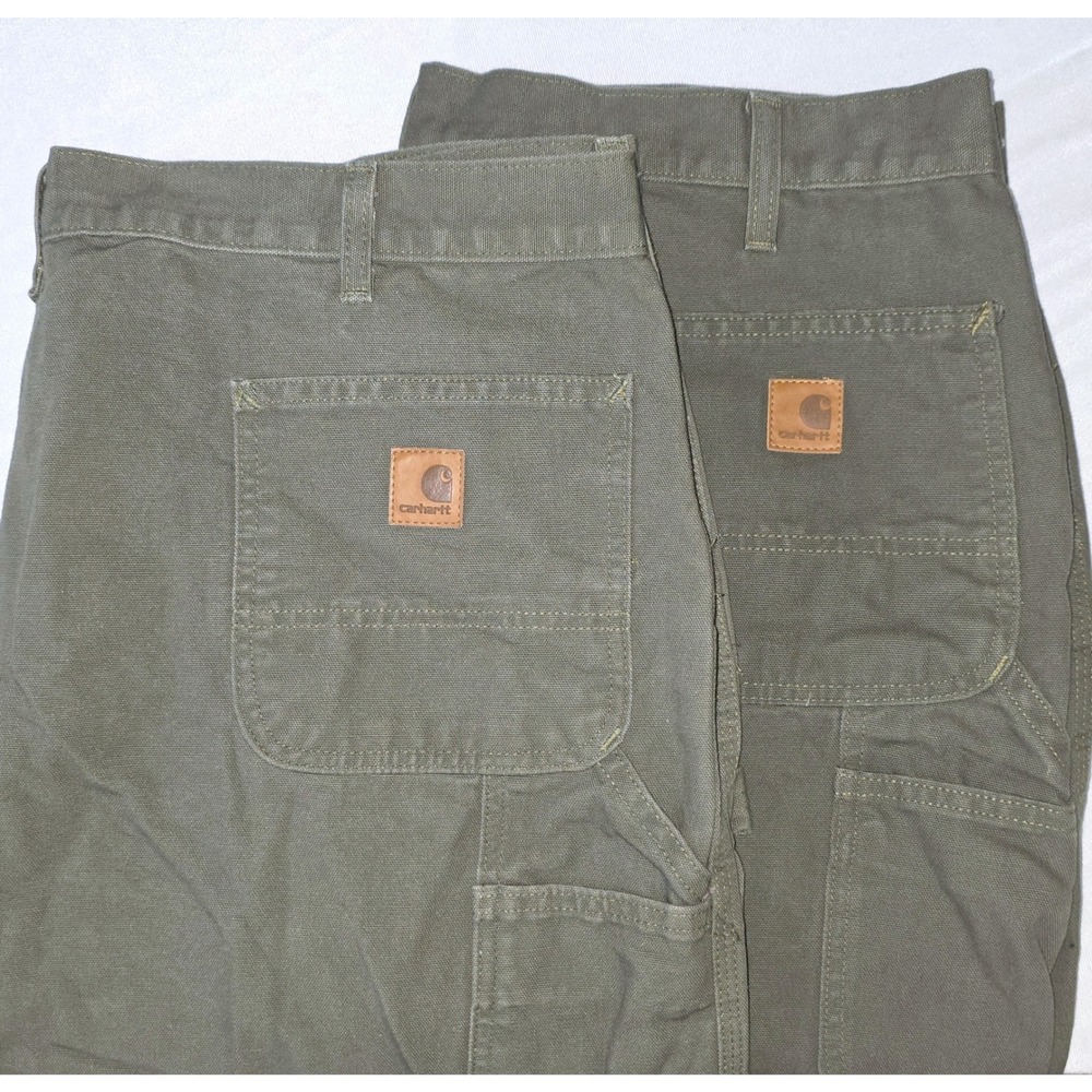 Lot of 2 Carhartt Men Work Carpenter Dungarees Green Canvas 44x32 (Fits 44x26)